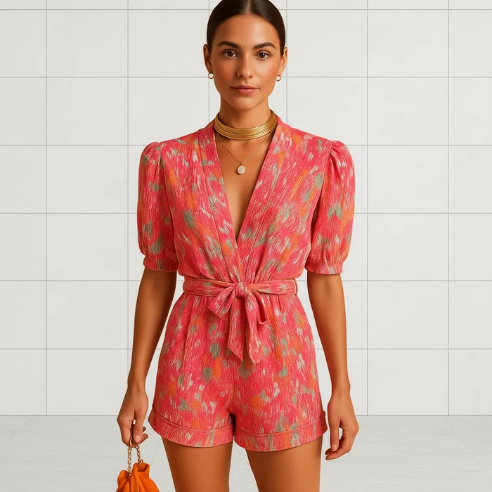 Aria Women's Printed Short Jumpsuit with Belted Waist