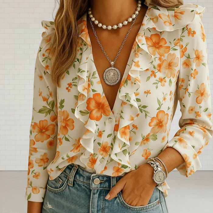 Hazel Women's Butterfly Print Ruffle Blouse with Long Sleeves